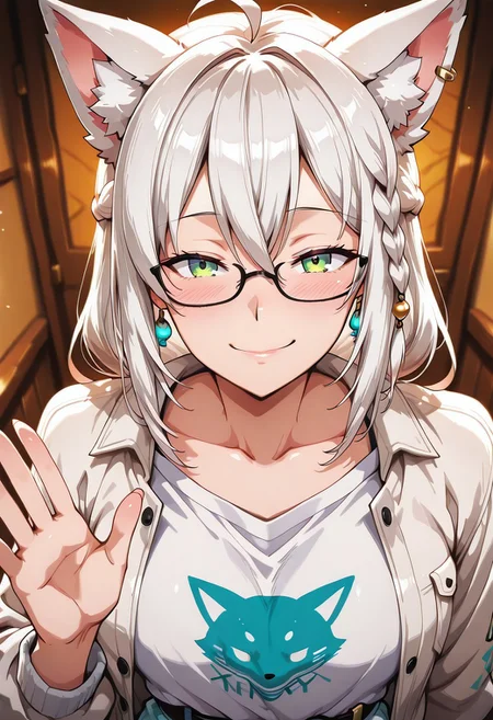 lazypos, girl focus, 1girl, virtual youtuber, animal ears, ahoge, solo, fox ears, glasses, braid, white hair, long hair, shirt, fox girl, hair between eyes, single braid, looking at viewer, sidelocks, jewelry, white shirt, blush, earrings, smile, animal ear fluff, green eyes, jacket, waving, blurry background, white jacket, open clothes, belt, open jacket, blurry, official alternate costume, niniastyle