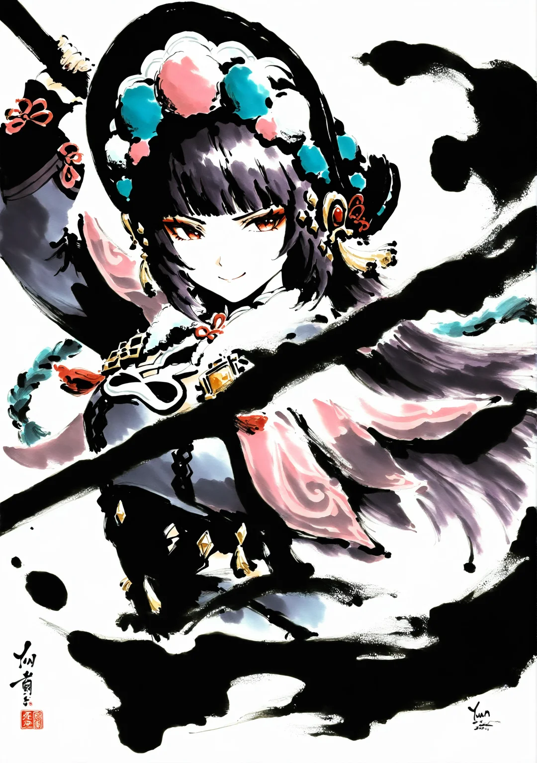 masterpiece,best quality,<lora:yi-noob:1>,ink wash painting,traditional media,
1girl,solo,yun jin \(genshin impact\),hat,smile,upper body,holding weapon,simple background,purple hair,messy hair,braid,white background,chinese clothes,pose,spear,