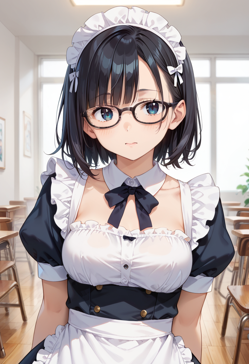 score_9, score_8_up, score_7_up, rating_safe, masterpiece, best quality, absurdres, unity 8k wallpaper, official art, official style, source_anime, uncensored, game cg, megami magazine,
1girl, solo, black hair, medium hair, upper body, covered eyes,maid, maid headdress, black dress, maid apron, face focus,
oval_cell, glasses, still life, white background, simple background, black-framed eyewear,
 <lora:glasses_OvalCell1_PONY_V1:1>