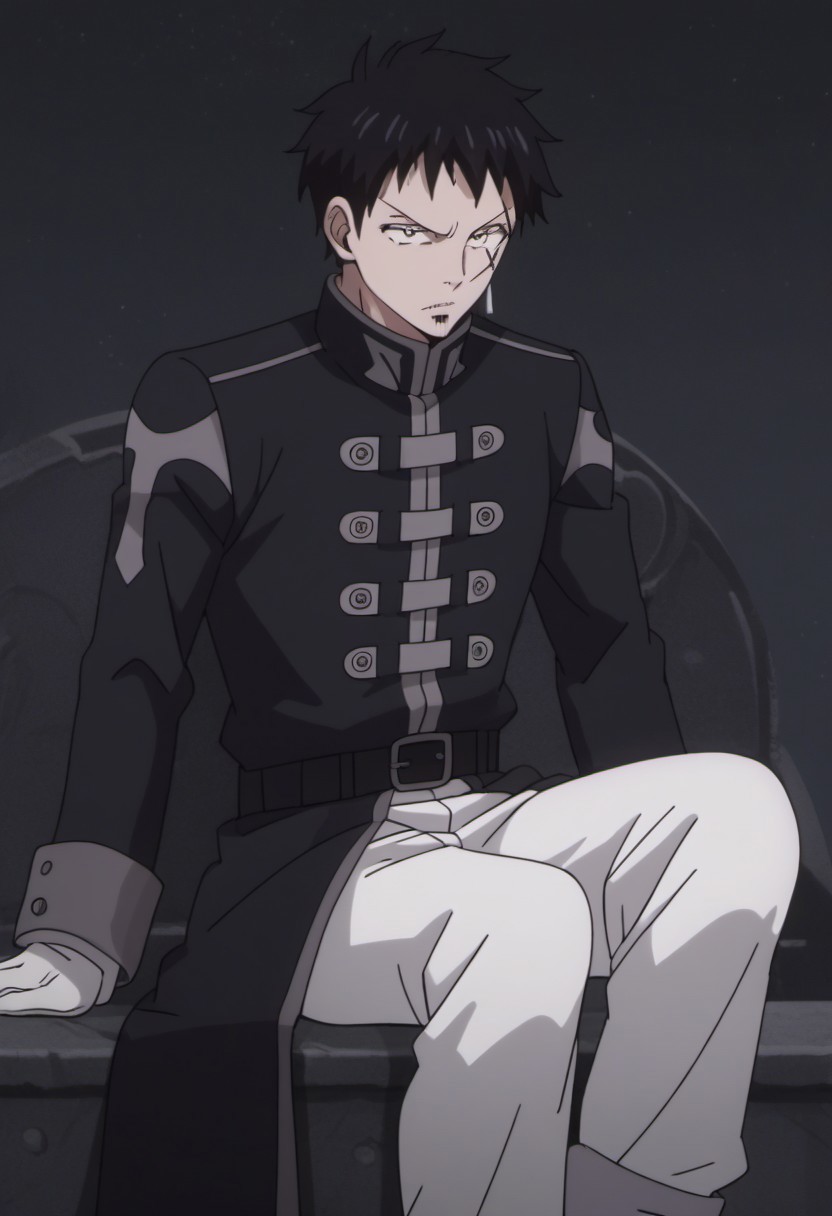 score_9, score_8_up, score_7_up, source_anime, rating_safe, MestFT, Mest scar, grey Mest earrings, 1boy, male focus, anime screencap, black Mesty hair, black-grey Mest coat, black-yellow Mest belt, white Mest pants, white Mest gloves, cropped feet, sitting,