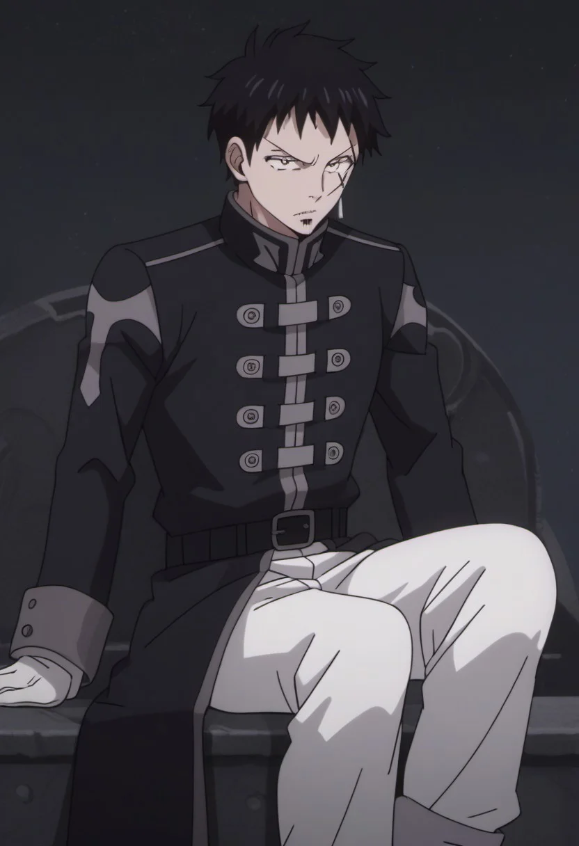 score_9, score_8_up, score_7_up, source_anime, rating_safe, MestFT, Mest scar, grey Mest earrings, 1boy, male focus, anime screencap, black Mesty hair, black-grey Mest coat, black-yellow Mest belt, white Mest pants, white Mest gloves, cropped feet, sitting,