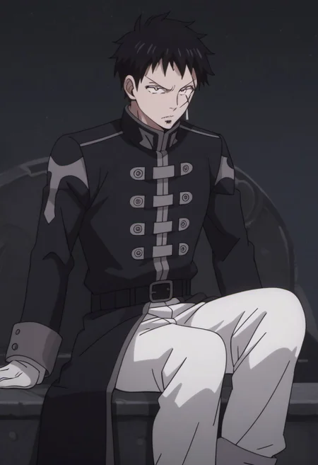score_9, score_8_up, score_7_up, source_anime, rating_safe, MestFT, Mest scar, grey Mest earrings, 1boy, male focus, anime screencap, black Mesty hair, black-grey Mest coat, black-yellow Mest belt, white Mest pants, white Mest gloves, cropped feet, sitting,