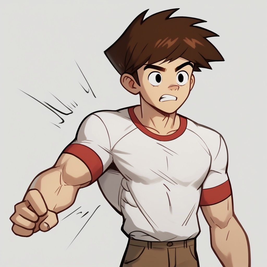 score_9,score_8_up,score_7_up,score_6_up, dspncrDTMG, 1boy, brown hair, black eyes, white shirt, short red sleeves, pants, uneven arm growth, uneven pec growth, uneven muscle growth