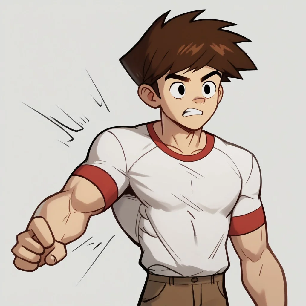 score_9,score_8_up,score_7_up,score_6_up, dspncrDTMG, 1boy, brown hair, black eyes, white shirt, short red sleeves, pants, uneven arm growth, uneven pec growth, uneven muscle growth