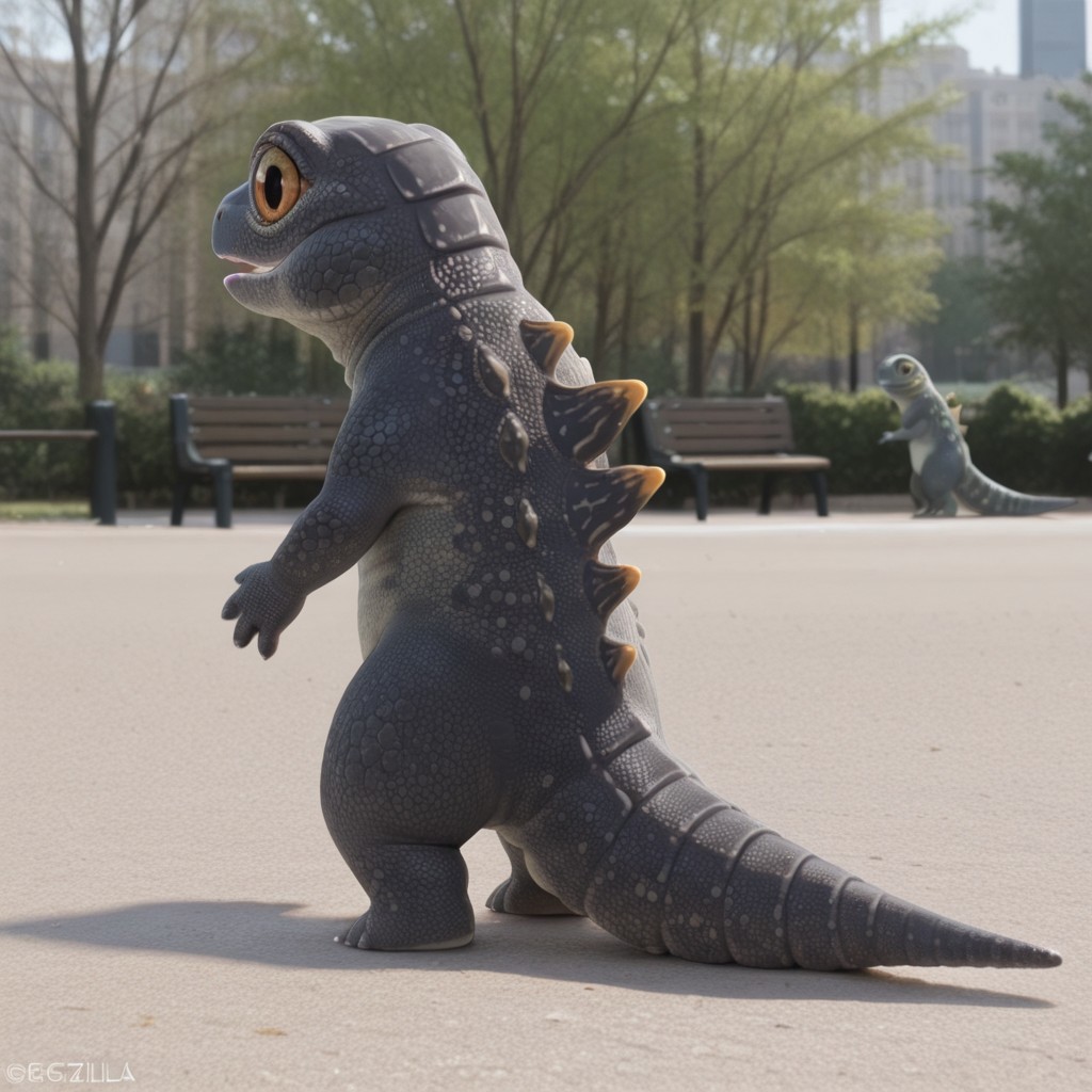 masterpiece, best quality, amazing quality, Geckzilla, feral, gecko, male, grey skin, orange eyes, tail, back spines, in a park