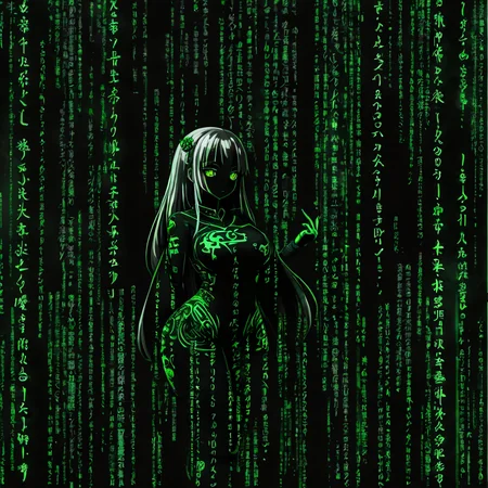 1girl made of green falling code, ascii art, sexy , afterword, blush, breasts, credits, credits page, english text, framed breasts, hair between eyes, hair ornament, heart, japanese clothes, large breasts, long hair, looking at viewer, monster girl, no pussy, open book, petite, pixiv id, saliva, smile, solo, suggestive fluid, symbol-shaped pupils, text focus, undead, wall of text, watermark, web address, white hair, magic swirling green kanji, green kanji on dress