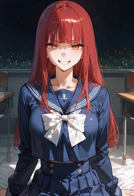 score_9, score_8_up, score_7_up, score_6_up, score_5_up, score_4_up, source_anime,
masterpiece, detailed, detailed body, 
, (((waist up view)))
volumetric lighting, vibrant colors, light particles, godrays, warm light, 1dk, Expressiveh 
   shiny, shiny skin, skindentation, 
 1girl, solo, <lora:zs_SahoriXL_1:1> sahorismtv, long hair, blunt bangs, red hair, blue serafuku, long sleeves, blue skirt, white pantyhose, night, school classroom, evil grin, looking at viewer,  , sitting,
 Expressive eye,
Expressionless,