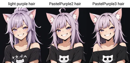 1girl, cute, cat ears, toothy grin, t-shirt, off-shoulder, light purple hair, black background