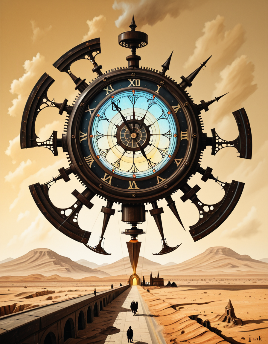 A surreal, dreamlike painting in the style of JarosÅaw Jasnikowski, depicting a gigantic mechanical insect-like cathedral walking across a cracked desert landscape. The cathedral is mounted on insect legs made of bronze and copper, with gears and steam vents along each joint. The architecture is gothic, with tall spires, stained glass windows glowing from within, and massive rotating clock faces embedded in its towers. In the background, a distorted horizon under a greenish-yellow sky, with floating islands and broken bridges suspended mid-air. A small group of cloaked figures watches the walking structure from the foreground, their long shadows cast across the dry, dusty ground. The entire scene is bathed in a surreal light, blending soft golds and dark shadows, giving it a mystical and post-apocalyptic atmosphere. Details are rich with fine mechanical engravings, absurd physics, and metaphysical symbolism, echoing Jasnikowskiâs signature surrealism and imaginative science-fiction fantasy.<lora:SDXLFaeTastic2400:0.4> <lora:extremely_detailed:0.4> extremely detailed, <lora:JarosÅaw_J4sn1k0wsk1_r1:1>,JarosÅaw J4sn1k0wsk1 <lora:JarosÅaw_J4sn1k0wsk1:1>, Masterpiece,best quality,hi res,8k,hi res,8k,award winning,(sharp focus, intricate, highly detailed),