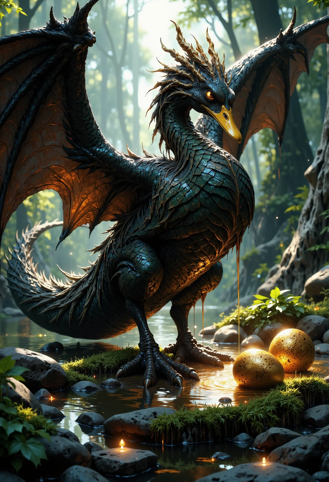 A hyper-realistic duck with dragon wings, with ornate scales, stands majestically in a misty forest. His beak is vivid yellow. Its glossy black feathers shimmer with hints of dark green, reflecting the soft light filtering through the trees. The duck dragon has golden eyes that glint with intelligence, it drips a viscous clear golden liquid that creates ripples in the oil pond beneath it. Inside the pond two big golden eggs with scales can be seen. Surrounding the creature are smooth, dark stones and patches of damp moss, while faint silhouettes of blurred trees create an ethereal backdrop. The atmosphere conveys a sense of ancient magic and mystery, utilizing a muted color palette with deep greens, blacks, and subtle oranges.<lora:Flux/MysticFantasy.safetensors:1.0:1.0>