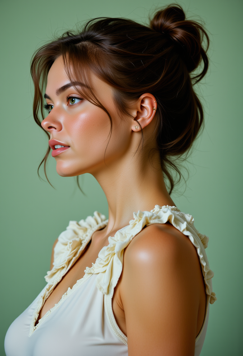 From behind, headshots,Hyperrealistic, she is smiling, dynamic angles, multiple angles, photoshoot poses; she has hair, she is wearing a white v neck tanktop, huge breasts, busty breasts, a dynamic pose and a sense of action. The background is a light green wall, and the lighting is soft, creating a dramatic effect.,  creating a focused and dynamic pose.; the scene is set in a beautiful well-lit environment, with a sense of action and adventure.  Style: realistic hyper-detailed rendering, 32k UHD, expressive eyes, punk, graphic design, girl's face, pretty and cute, gleaming lips, telling a tale of adventure. Exuding confidence and serenity. The overall mood of the image is happy and relaxed, detailed skin texture,(blush:0.2),(goosebumps:0.3), subsurface scattering,with a playful and whimsical tone,perfect hand, hand, detailed hand,niji style,retro50s_style, 