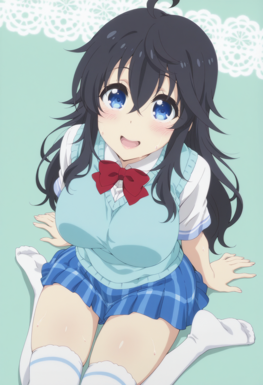 anime screencap, anime coloring,  <lora:DX888Ako:1> tamaki ako, blue eyes, black hair, very long hair, hair between eyes, ahoge, BREAK  school uniform, sweater vest, white shirt,  red bowtie, plaid skirt, blue skirt, thighhighs, BREAK simple background, green background,  lace background, BREAK   1girl, arm support, blush, breasts, feet, from above, looking at viewer, looking up, open mouth, sitting, smile, soles, solo, sweat,