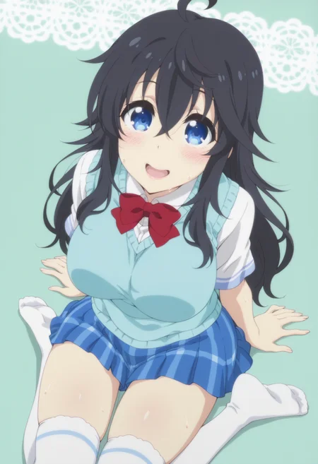 anime screencap, anime coloring,  <lora:DX888Ako:1> tamaki ako, blue eyes, black hair, very long hair, hair between eyes, ahoge, BREAK  school uniform, sweater vest, white shirt,  red bowtie, plaid skirt, blue skirt, thighhighs, BREAK simple background, green background,  lace background, BREAK   1girl, arm support, blush, breasts, feet, from above, looking at viewer, looking up, open mouth, sitting, smile, soles, solo, sweat,