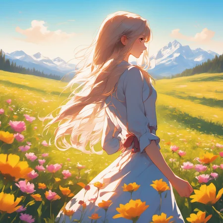 1girl,field,flowers,mountains,day time,sunshine,beautiful,best resolution,8kuhd,high res,