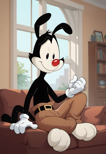 score_9, score_8_up, score_8, <lora:Yakko_Warner_Animaniacs_for_PonyXL:0.8> 1boy, animal ears, y4kk0, white gloves, belt, pants, sitting on couch, living room, window,