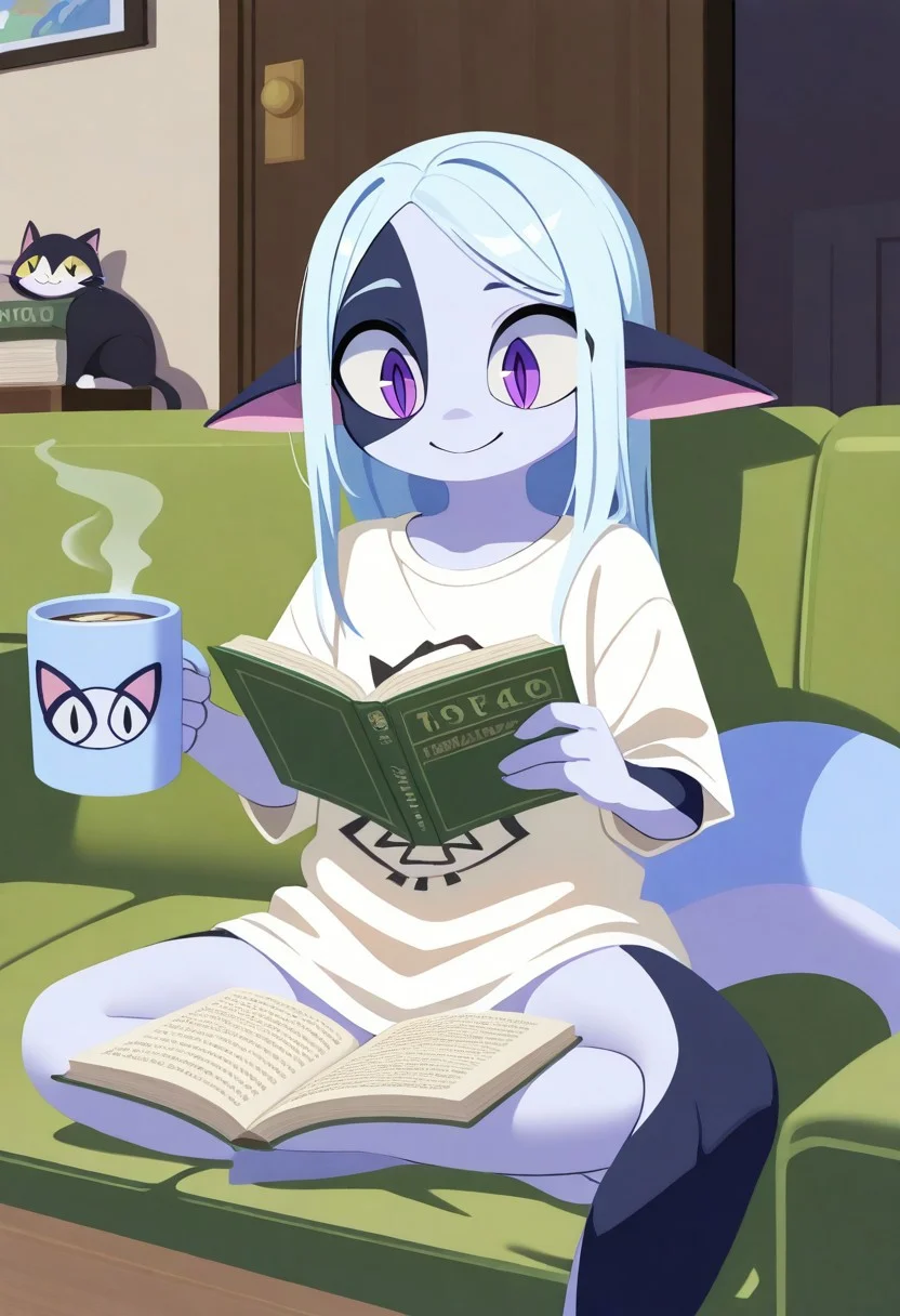 wisp, 1girl,solo,white hair,,pointy ears,,colored skin,furry,source_furry,
tail,
child, kid,
 solo, living room, long  hair, , oversized  shirt, large t-shirt,  sitting, reading book, holding steaming coffee mug, relaxed smile, cute, cat, cozy,
t4kar4i_illu, no_outlines, no lineart,
masterpiece, best quality, absurdres, [dynamic pose]