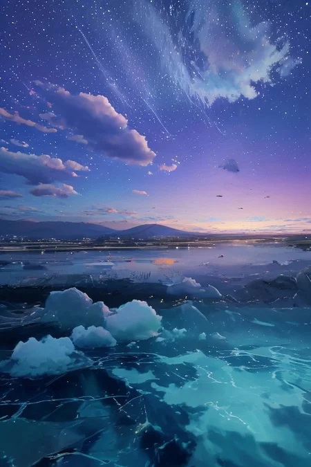 (masterpiece, best quality:1.4), high res, dramatic, scerery, large area sky, starfall, night, sky, stars, <lora:conceptBetterSky_sky:0.7>, puffy clouds, water surface, 3DMM mountain,  <lora:Detailed_Places_R-128_v1:0.7>