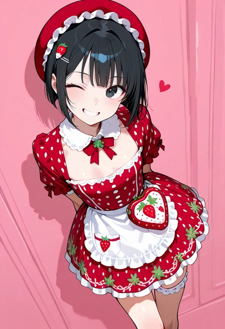 masterpiece, best quality, amazing quality, simple background,((outlined outlined vector graphics)), detailed background,
, looking at viewer ,cowboy shot, from above , looking at viewer
1girl, 20yo, black hair, black eyes, short bob hair, hair pin,small breast, slender,(white thigh strap:1.1) , cute face, smile , grin , wink ,strawberry bag, strawberry, strawberry-gothic-dress red dress, clothed, red headwear, short sleeve <lora:strawberry-gothic-il-01:0.8>