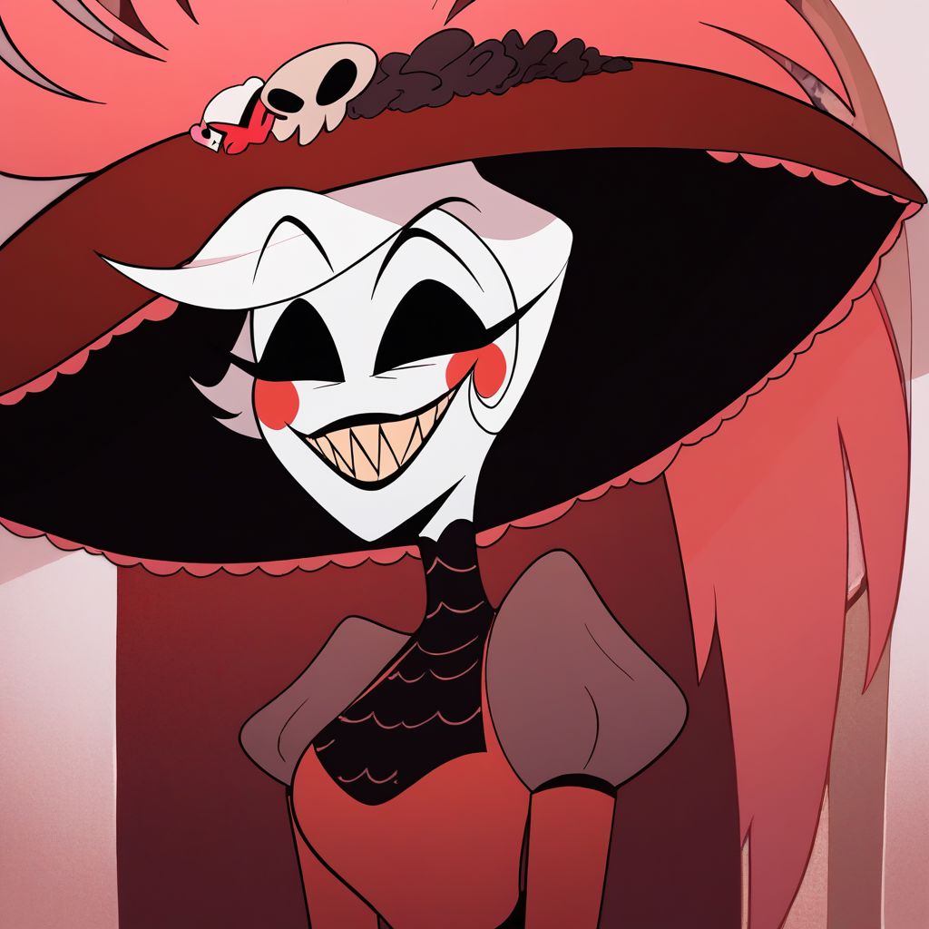 score_9, score_8_up, score_8, masterpiece, best quality, highly detailed, detailed face, 1girl, rosie from hazbin hotel, red dress, hat, grin, all-black eyes, no irises, no pupils ,smile, wide hips, black teeths,  upper body,  <lora:add-detail-xl:1>,  lilandavastyle,
