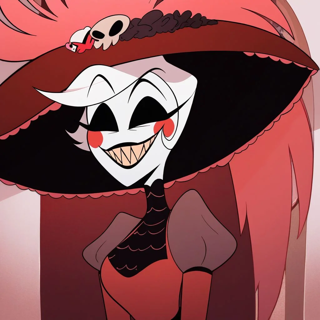 score_9, score_8_up, score_8, masterpiece, best quality, highly detailed, detailed face, 1girl, rosie from hazbin hotel, red dress, hat, grin, all-black eyes, no irises, no pupils ,smile, wide hips, black teeths, upper body, <lora:add-detail-xl:1>, lilandavastyle,