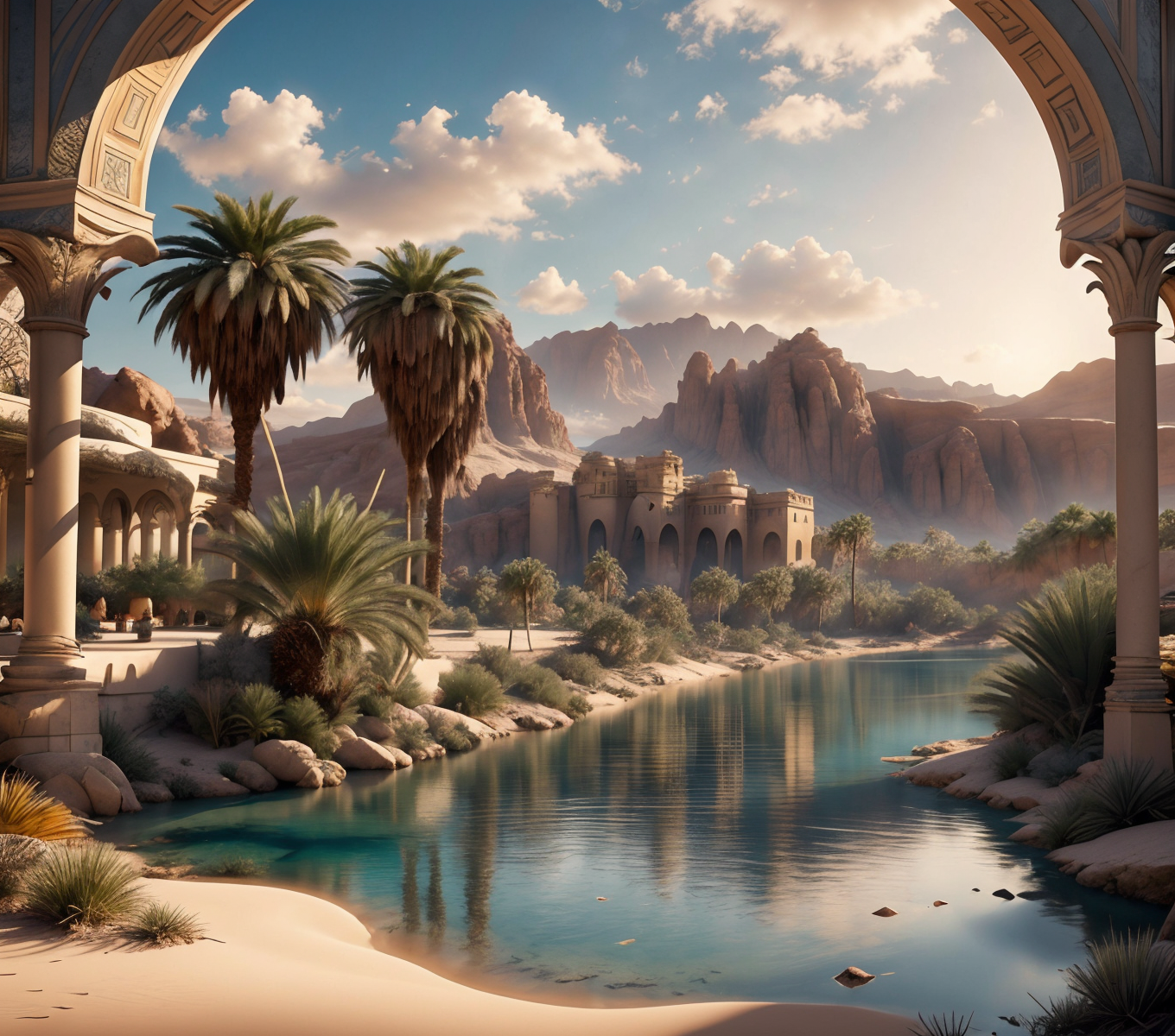 RAW photo, (masterpiece:1.3), subsurface scattering, heavy shadow, (high quality:1.4), (intricate, high detail:1.2), professional photography, HDR, High Dynamic Range, realistic, ultra realistic, photorealistic, high resolution, film photography, ambient lighting, atmospheric effects, <lora:detail_slider_v4:2>, OverallDetail,   <lora:Oasis:1>, building, cloud, day, lake, no humans, oasis, outdoors, palm tree, reflection, river, rock, sand, scenery, sky, sunset, tree, water,