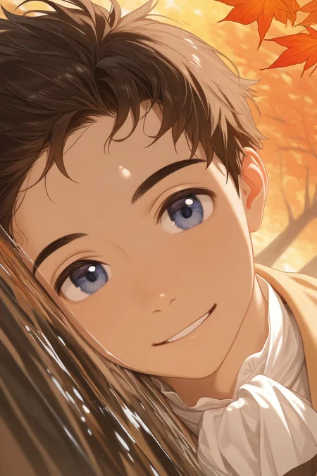 realistic shading, dappled sunlight, glistening, natural lighting, lying on side, male focus, looking at viewer, expressive face, smiling, 
naotafc, brown_naotafc_male hair, blue_naotafc_eyes, 1boy, parted lips, happy, close-up, suggestive, shiny skin, autumn clothes, ascot, autumn leaf, large autumn leaf, water, intimate-POV theme, dutch angle, dynamic angle, intricately detailed illustration, depth of field, masterpiece, best quality, amazing quality, very aesthetic, absurdres, newest, anime screencap
