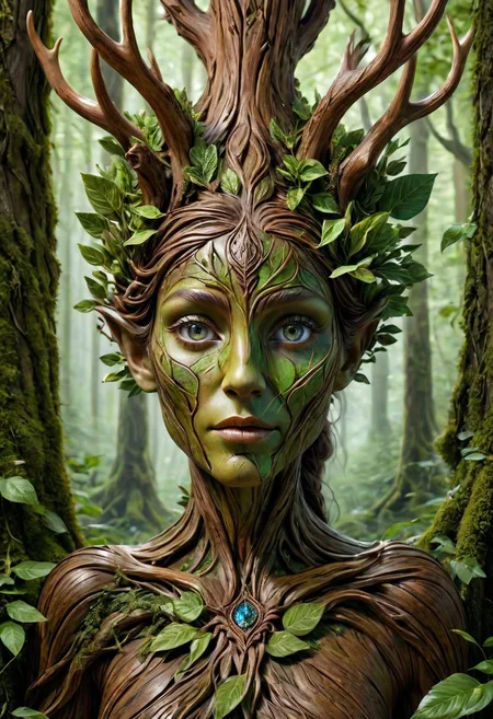 masterpiece, solo focus award winning portrait of a beautiful wooden dryad melted with the nature, intricate details, mesmerizing grern eyes, wood skin, leaves covering her body, deer horns, flourishing nature, druidic
