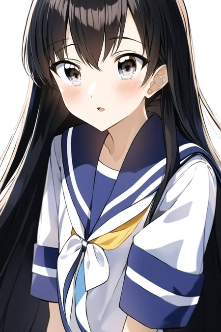 1girl, serafuku, neckercheif, sailor coollar, long hair,
<lora:PentagonRailgunStyle:1>,
simple background, white background,