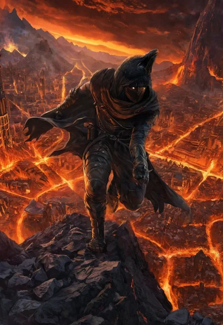 The beautiful city is in the belly of a volcano, 1boy, a ninja wearing a thick vest climbs the walls of the mouth of the mountains, looking down on a cityscape in lava, hands and feet in a climbing pose, climb in the mountain rocks, action climbing pose in the wall, from above shot, close-up, ninja wearing scarf and vest, clad in flowing, future city in the belly of a volcano, lava, obsidian rock, cityscape, future city, tall building, clock tower, tower, steam, glass, castle, road, crowd, groups of crows flying around, glowing, shiny, scifi, intricate artistic color, cinematic light, radiant, vibrant, perfect symmetry, Grayscale, Dramatic spotlight, highly detail, Hyperrealistic 8k resolution Incredible details A masterpiece,