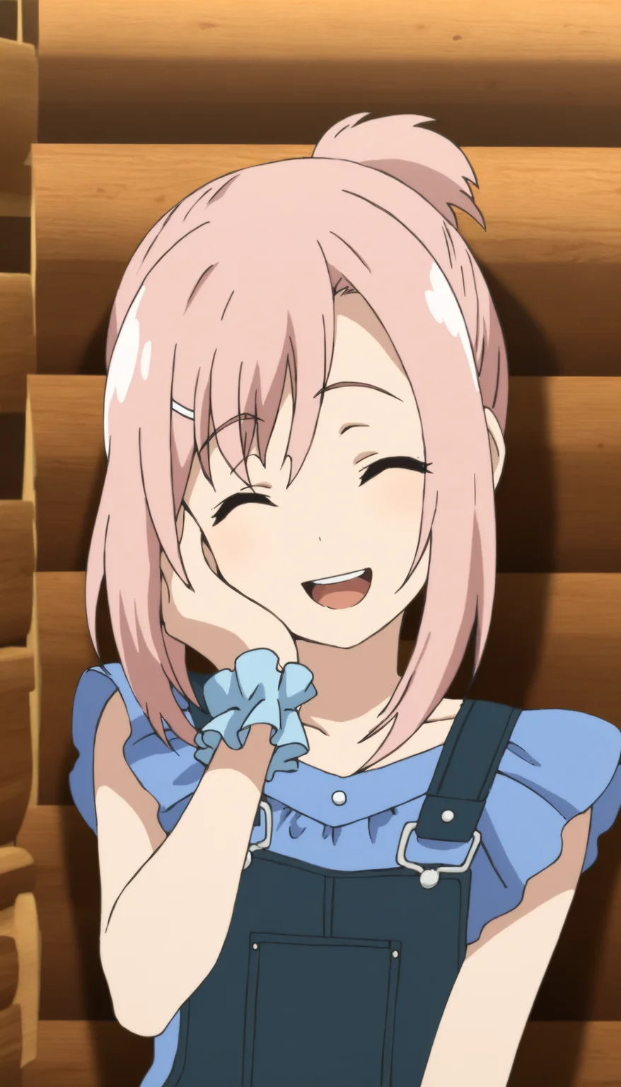 masterpiece,best quality,amazing quality,
<lora:yoshinokoharuNAI:1>,yoshinokoharu,
1girl,solo,pink hair,short hair,white hairpin,bangs,short ponytail,deep blue denim overall,blue sleeveless blouse with trim,blue wrist cuffs,portrait,closed eyes,open smile,hand on own cheek,indoors,wooden interior,