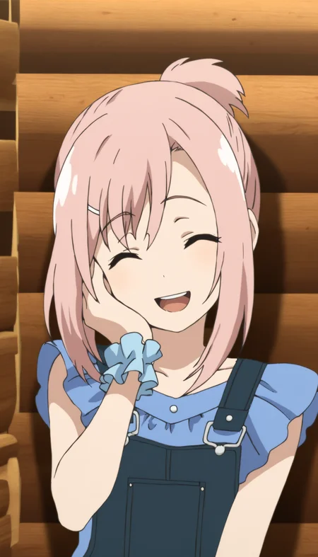 masterpiece,best quality,amazing quality,
<lora:yoshinokoharuNAI:1>,yoshinokoharu,
1girl,solo,pink hair,short hair,white hairpin,bangs,short ponytail,deep blue denim overall,blue sleeveless blouse with trim,blue wrist cuffs,portrait,closed eyes,open smile,hand on own cheek,indoors,wooden interior,