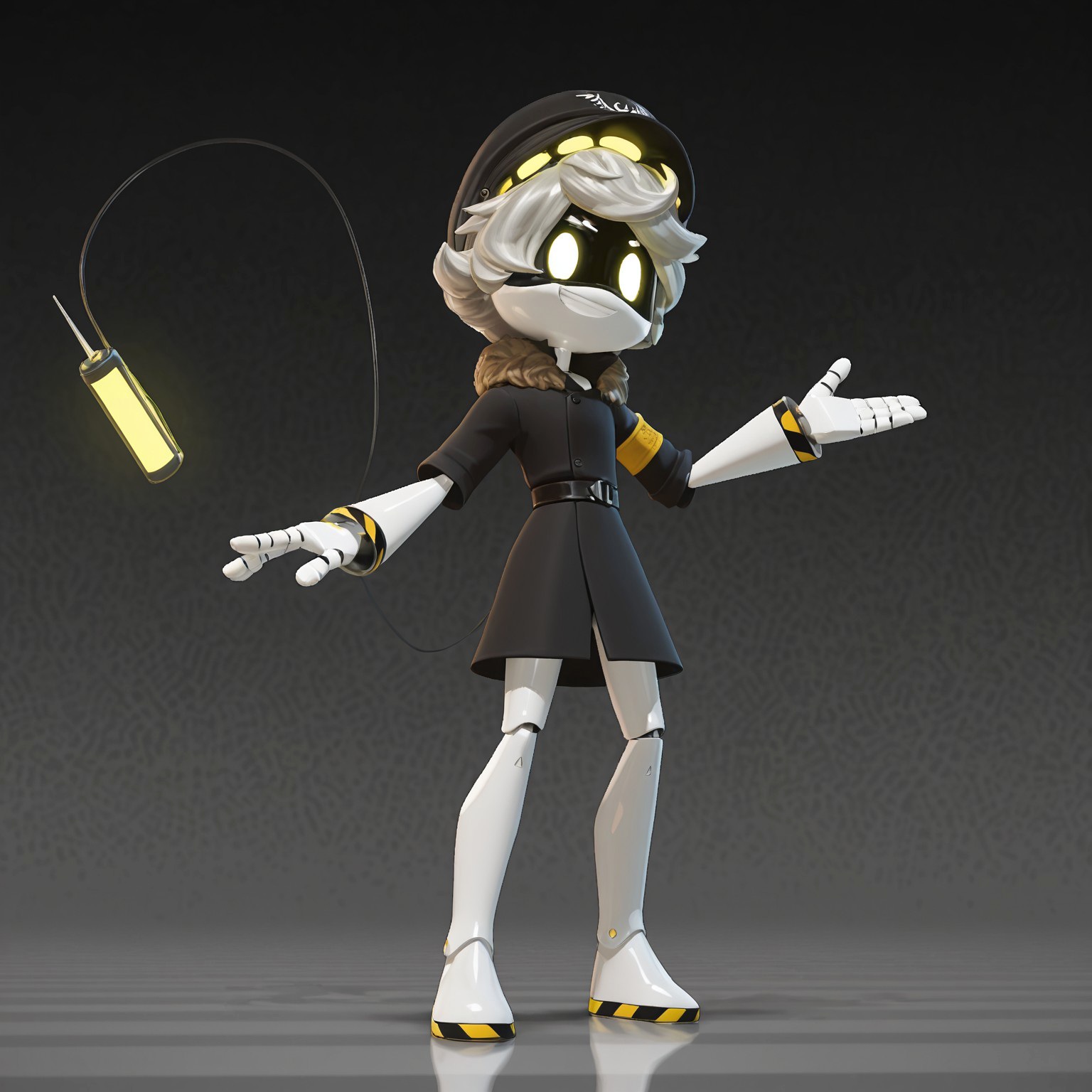 1boy, solo, MdronesN, Male, Robot, android, humanoid robot, white body, glowing yellow eyes, black visor, short hair, silver hair, robot joints, mechanical tail, cable, Yellow armband, short sleeves, black winter coat, bottomless, black belt, fur trim, pilot hat, black headband

BREAK standing, full body, looking at viewer, smile, abstract background 

BREAK best quality, amazing quality, very aesthetic, absurdres, newest