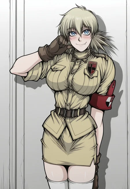 safe_pos, masterpiece, best quality, amazing quality, very aesthetic, absurdres, SerasVictoria, 1girl, solo, female focus, blonde hair, short hair, large breasts, blue eyes, yellow shirt, sleeves rolled up, red armband, brown gloves, brown belt, yellow pencil skirt, white thighhighs, smile, fang, perspective, cowboy shot, scratching cheek, blush, looking at viewer, greyscale, monochrome,