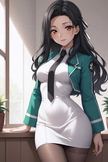 score_9, score_8_up, score_7_up, BREAK source_anime, <lora:Mayumi Saegusa-PonyXL-lora-Faxtron:0.8> mayumi saegusa, long hair, medium breasts, striped ribbon, cropped green jacket, long sleeves, white dress, black necktie, pantyhose,