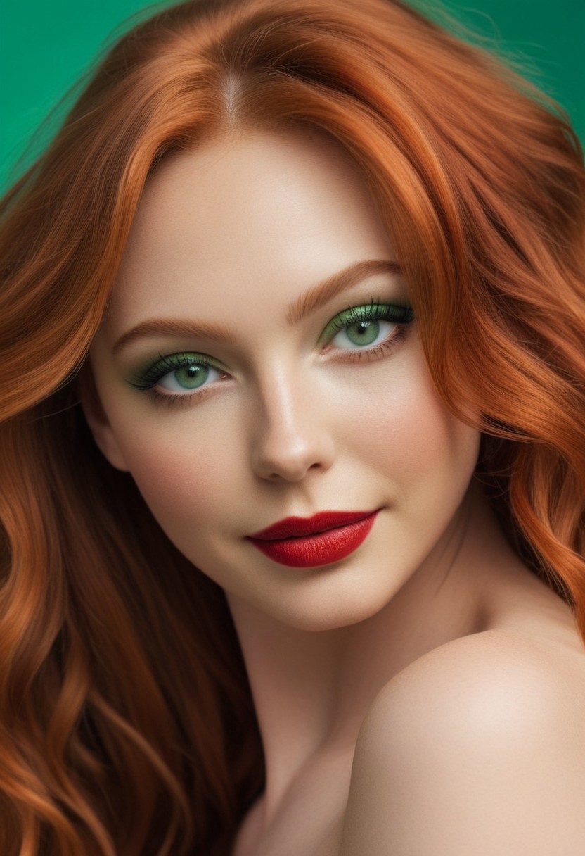 (flawless), score_9, score_8_up, 1woman,dynamic pose, hyper-realistic ((half-face close-up)) of a beautiful woman's eye, focus on eye,((overall round face structure)), ((intense, ultra-realistic beautiful pale green eye)), ((hair strands falling over one eye)), delicate features of her face are framed by long, wavy red hair, seductive look, sexy smile, slightly tousled, real skin, dramatic side lighting, intricate shadows across her face, red lips, moody, piercing gaze, hauntingly beautiful, cinematic moment, (masterpiece:1.2),(Amazing quality), 8K, (high detail:1.4), (highres:1.4), (ultra detailed:1.4), embedding:detailxl, (phenomenal aesthetic),