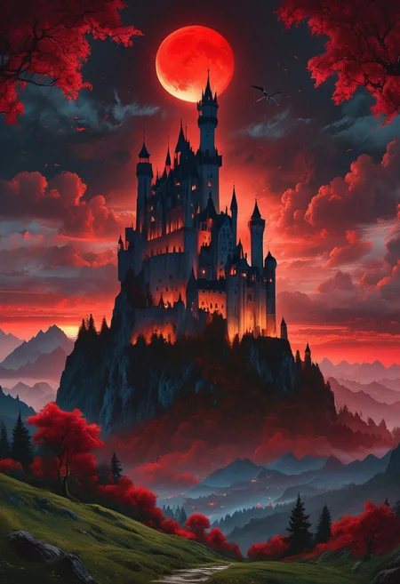 A captivating night scene illustration featuring a forboding and haunted castle on a great  great mountain. The castle and mountain are much like Neuschwanstein Castle in Bavaria.  This enchanting artwork captures a dark and ominous night, where an ominous red bloodmoon hangs above  over the  tree covered mountain range and castle which  stands resolute amidst the great mountains, winged flying creatures flying around, creating a cinematic experience., illustration, cinematic
<lora:DonM3t3rn1tyXL-v1.1:0.7>, DonM3t3rn1tyXL,
OverallDetailXL  <lora:MJ52:0.3>  <lora:SDXLFaeTastic2400:0.4>  <lora:EpicF4nta5yXL:0.7>