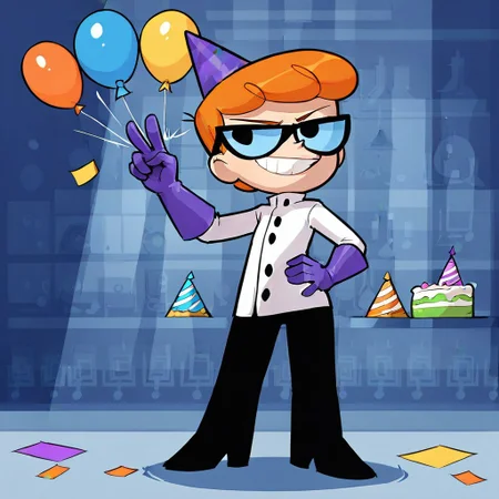 score 9 up, score 7 up, score 8 up, 1boy, short male, <lora:dexter:0.8>, solo, lab coat, purple elbow gloves, eyewear, orange hair, dexter, black pants, black shoes, standing, looking at viewer, laboratory, smirk, party hat, confetti, balloons, birthday cake on table, giant computer, peace sign, hand on hips, machinery