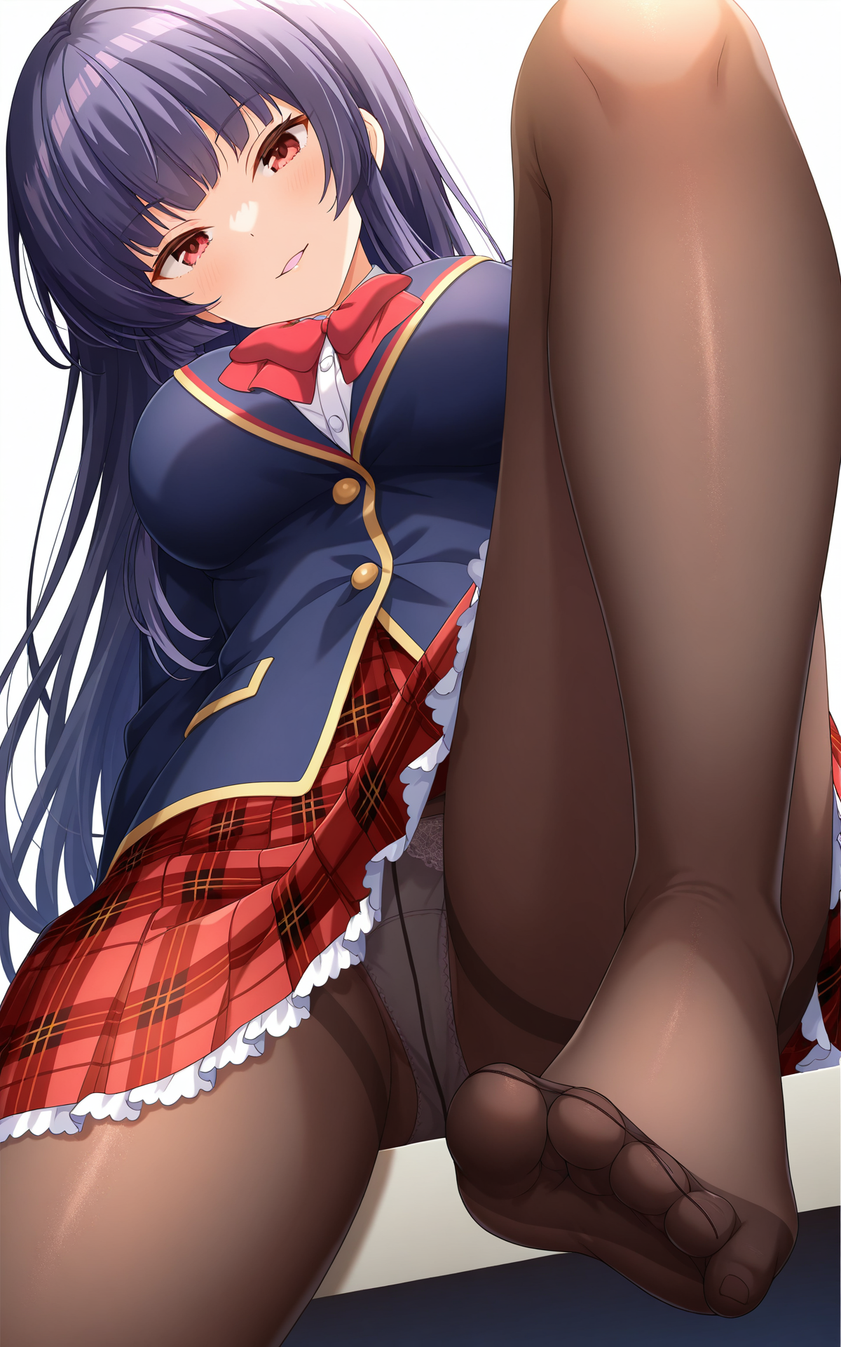 masterpiece,best quality,good quality,newest,4k,perfect lighting,cinematic,very aesthetic,official art,anime screencap,anime coloring,detailed fingers,(((white background,simple background))),
1girl,solo,kagurazaka saya,purple hair,long hair,red eyes,large breasts,
seio school uniform,blue jacket,white shirt,collared shirt,red bow,red skirt,plaid skirt,frilled skirt,black pantyhose,panties under pantyhose,(foot focus:1.2),
sitting,naughty face,parted lips,head tilt,looking at viewer,arms at sides,stretched leg,crotch,from below,foot job,BREAK
<lora:ILsaya:0.8>