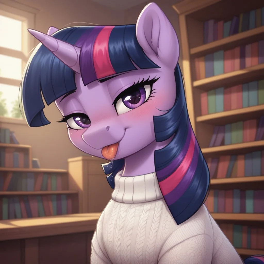 score_9, score_8_up, score_7_up, score_6_up, pony, unicorn, (feral:1.2), solo, mare, (Twilight Sparkle), no breasts, library, indoors, (evening), tail, photo_realistic, blushing female, anatomically correct, looking at you, seduce, seducing, horny face, inviting look, white sweater, close-up, face focus, tongue out, closed mouth, saliva, dramatic angle, dynamic pose, upper body