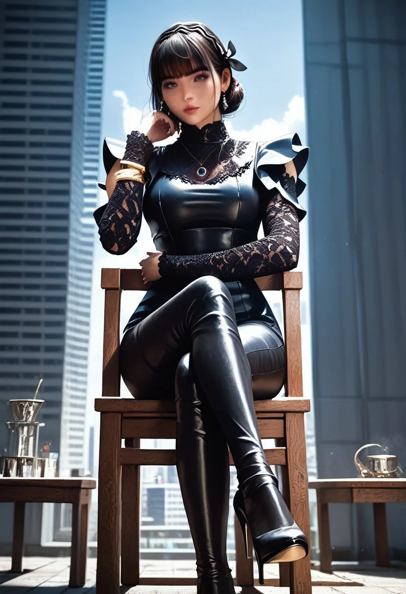 score_9, score_8_up, score_7_up, score_6_up, score_5_up, depth of field,lens flare,realistic,Best quality,masterpiece,ultra high res,rating_explicit,  no hands,
1girl,1girl,Carmeara,black leather jacket, black dress,black hair band,lace sleeves,bracelet,high heels,black stockings,necklace,bangs,large breast,
from the front view,from below,sitting,sitting on chair,crossed legs,full body,inside,city,looking at viewer,head rest,expected eyes,from front,narrow waist,wide hips,labratory, Best quality,masterpiece,soft light,official art,masterpiece,high quality,highres,absurdres,epic scene,natural textures,highest quality,8K,Ultra-HD,ultra detail,epic scene,natural textures,