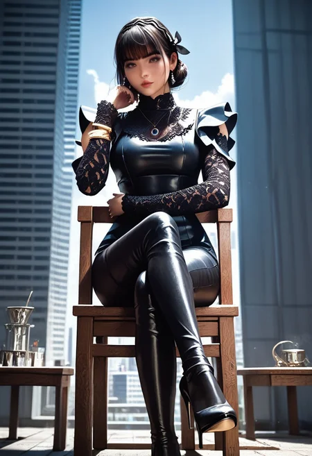 score_9, score_8_up, score_7_up, score_6_up, score_5_up, depth of field,lens flare,realistic,Best quality,masterpiece,ultra high res,rating_explicit,  no hands,
1girl,1girl,Carmeara,black leather jacket, black dress,black hair band,lace sleeves,bracelet,high heels,black stockings,necklace,bangs,large breast,
from the front view,from below,sitting,sitting on chair,crossed legs,full body,inside,city,looking at viewer,head rest,expected eyes,from front,narrow waist,wide hips,labratory, Best quality,masterpiece,soft light,official art,masterpiece,high quality,highres,absurdres,epic scene,natural textures,highest quality,8K,Ultra-HD,ultra detail,epic scene,natural textures,