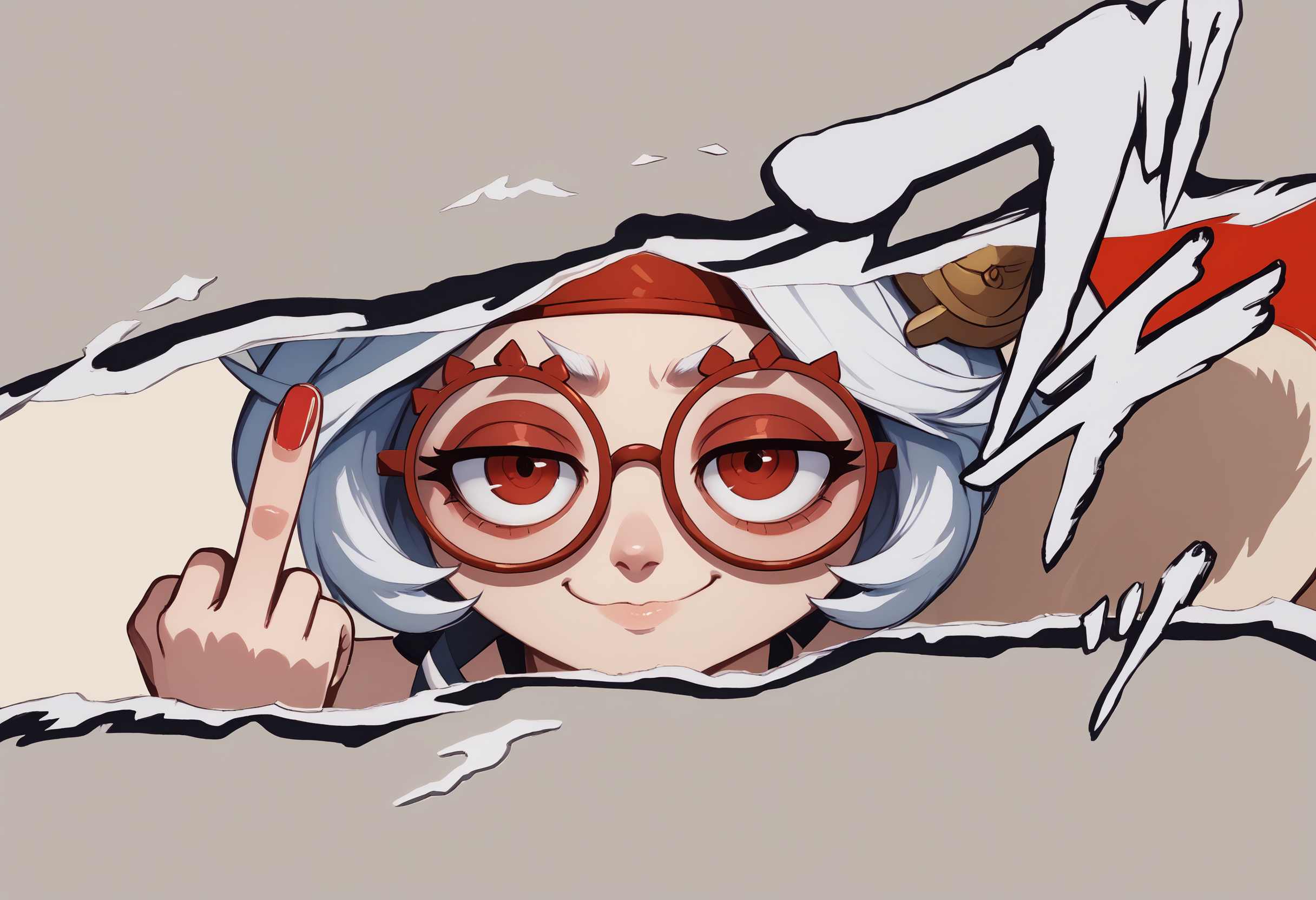 score_9, score_8_up, score_7_up, BREAK IncrsPersonaCutInXL,close-up, simple background,purah,hair ornament, red headband, red glasses, sleeveless shirt,smug,middle finger <lora:PersonaCutIn_XLPD_V2:1.2>  <lora:purah-pdxl-nvwls-v1:0.8>
