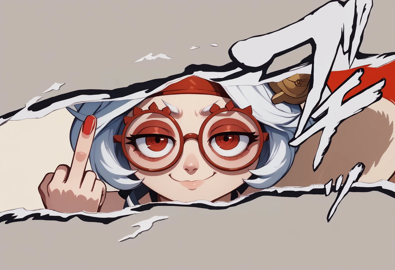 score_9, score_8_up, score_7_up, BREAK IncrsPersonaCutInXL,close-up, simple background,purah,hair ornament, red headband, red glasses, sleeveless shirt,smug,middle finger <lora:PersonaCutIn_XLPD_V2:1.2>  <lora:purah-pdxl-nvwls-v1:0.8>