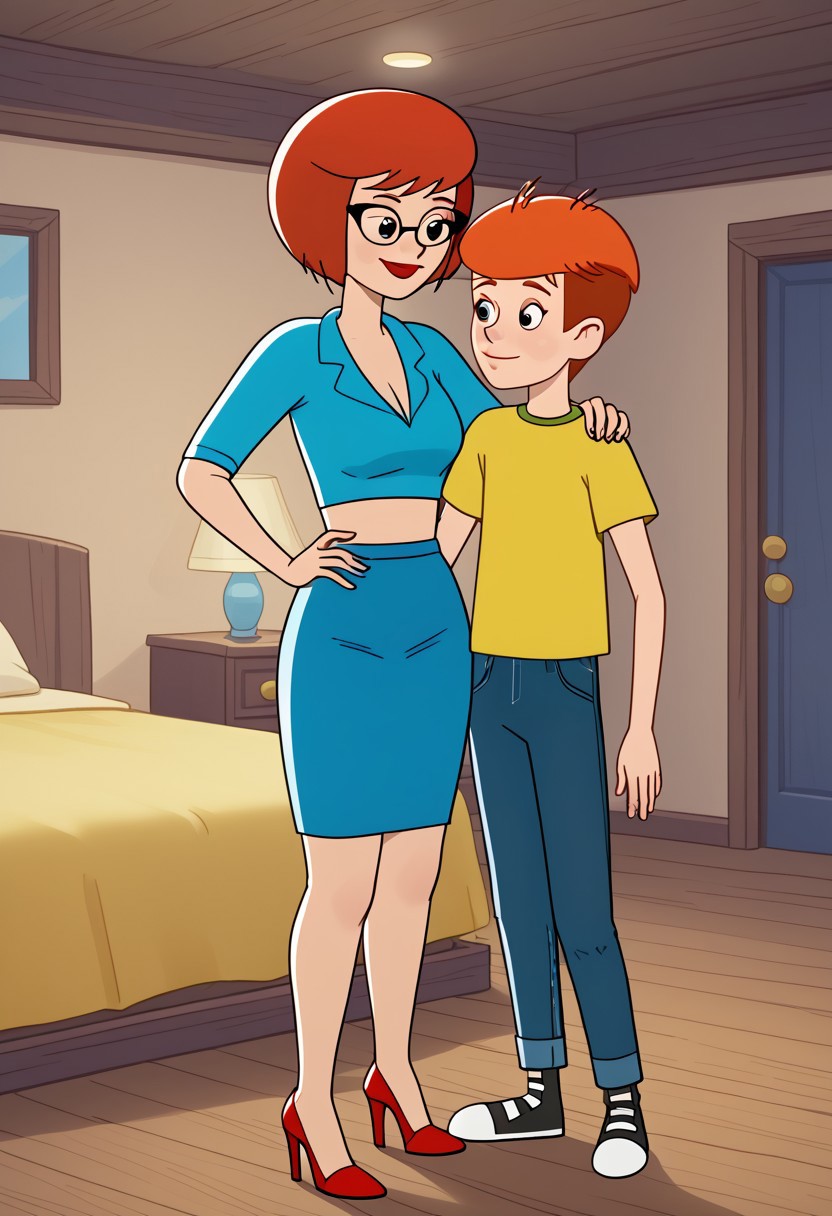 2d, cartoon, flat colours, prostokvashino, rimma, fyodor, couple, boy and woman, couple with size difference, shorter male, tall bigger woman,  black eyes, 
(woman in blue short microskirt , blue crop top, midriff, short hair, red hair, girl in cateye glasses, black high heeled shoes, black stockings, woman with medium breasts, )
(shorty skinny undersized boy without glasses, boy in jeans and yellow shirt, boy with short orange hair, red footwear)
couple posing together, interior, boy with hands in pockets, smirking smile, woman hugging boy from behind,
