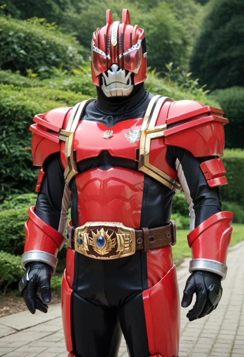 score_9, score_8, score_7, solo, armor, tokusatsu, bodysuit, helmet, rider belt, eagle, gorilla, whale, red armor,