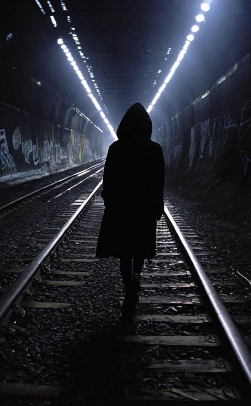 leogirl, realistic Documentary photography,
Shot from ground level, a hooded figure strides down railroad tracks into a dark tunnel graffitied with elaborate artwork, lights fading behind them. Their imposing black silhouette recedes into mystery. The visual invites musings about the lure of running away from societal constraints toward creative freedom.