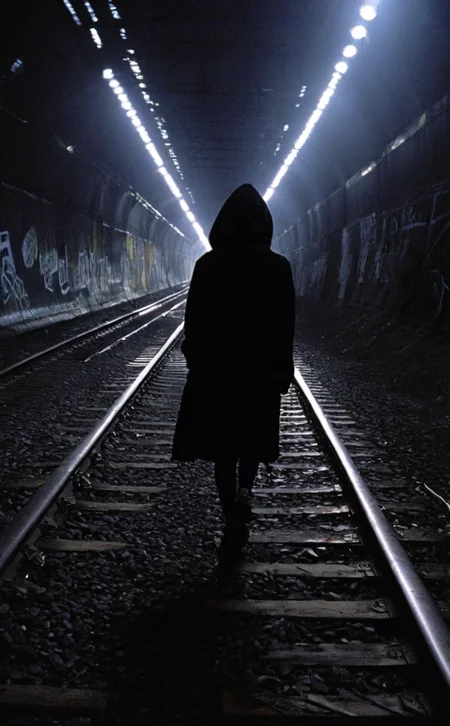leogirl, realistic Documentary photography, 
Shot from ground level, a hooded figure strides down railroad tracks into a dark tunnel graffitied with elaborate artwork, lights fading behind them. Their imposing black silhouette recedes into mystery. The visual invites musings about the lure of running away from societal constraints toward creative freedom.