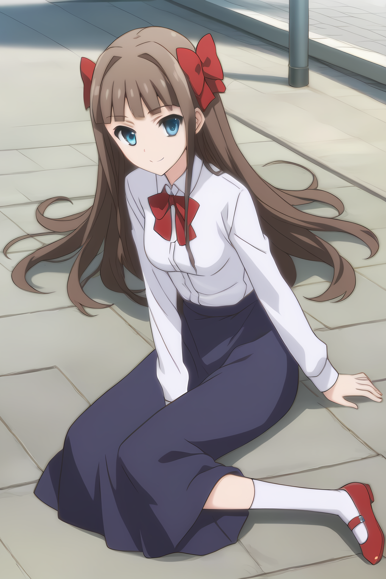 school uniform white shirt blue skirt long skirt mary janes, mt-asuka, brown hair, red bow, medium breasts, 1girl, solo, skinny, masterpiece, high quality, (full body|sitting|standing|lying), outdoors, light smile, score_9, score_8_up, score_7_up, source_anime, anime, anime style <lora:mt-asuka-V01-000003:0.90>