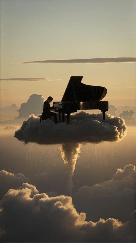 Surrealism, long shot view, a black grand piano rests atop a rain-soaked cumulonimbus cloud. A pianist clad in a tailcoat performs passionately on the instrument. Sparse cloud formations surround the scene at 10,000-meter altitude, with the rising sun casting morning alpenglow that gilds the entire vista in golden tones. Backlighting creates dramatic silhouettes of both piano and pianist against the luminous skyâââ