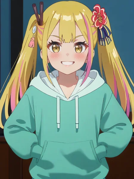 score_9, score_8_up, score_7_up, score_6_up, score_5_up, score_4_up, source_anime,,cinematic shadow, character focus, detailed skins,(cowboy shot:1.4),body blush,<lora:StS_PonyXL_Detail_Slider_v1.4_iteration_3:4>, <lora:Sara_Da_Odin__Henjin_no_Salad_Bowl_:1>,saraodin, multicolored hair, blonde hair, long hair, streaked hair, pink hair, twintails, hair ornament,hair flower,hair ribbon, bangs, yellow eyes,child,saragreenhood, light green hoodie, hood down,dynamic pose, contrapposto, smile,